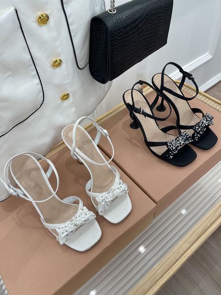 

2022 summer new white rhinestone open toe sandals bow high heels women's stiletto princess shoes fairy style, Black