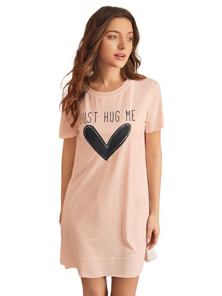 

heart & slogan graphic slit hem nightdress x3iv#, Black;red