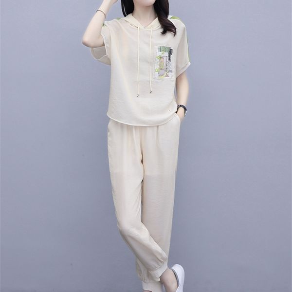 

women's two piece pants leisure sports suit women's summer 2022 foreign style fashion age reducing small man ice silk cotton hemp, White