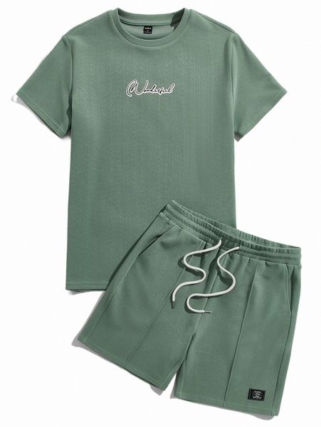 

men letter graphic tee & patched detail drawstring waist shorts o97f#, Gray