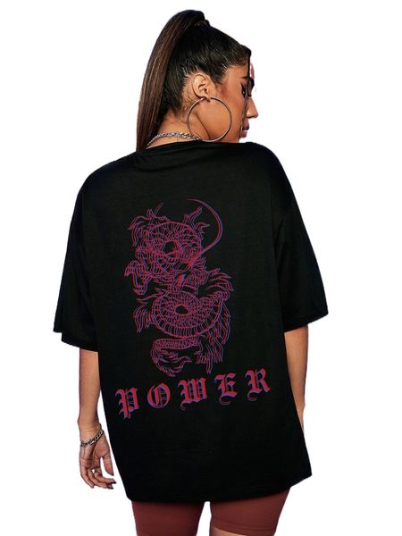 

chinese dragon & l.etter graphic d.rop s.houlder tee z13p#, White