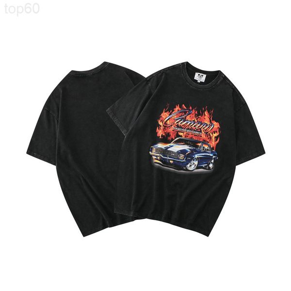 

men's t-shirts designer brand washing old t-shirt leisure 260g double yarn loose racing flame printed short sleeve t-shirt men's s, White;black