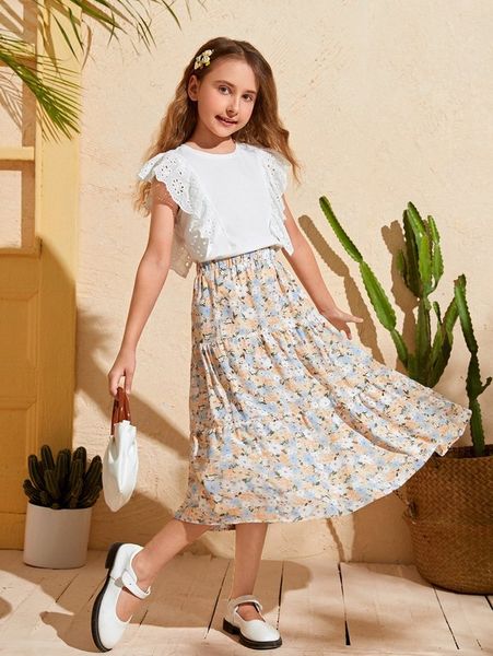 

girls contrast schiffy butterfly sleeve & floral print ruffle hem skirt she, White