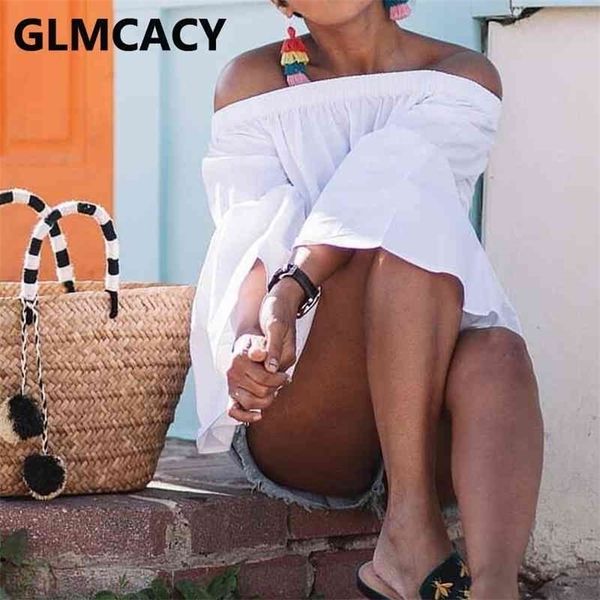 

women flare sleeve off shoulder blouses chic shirts 210702, White