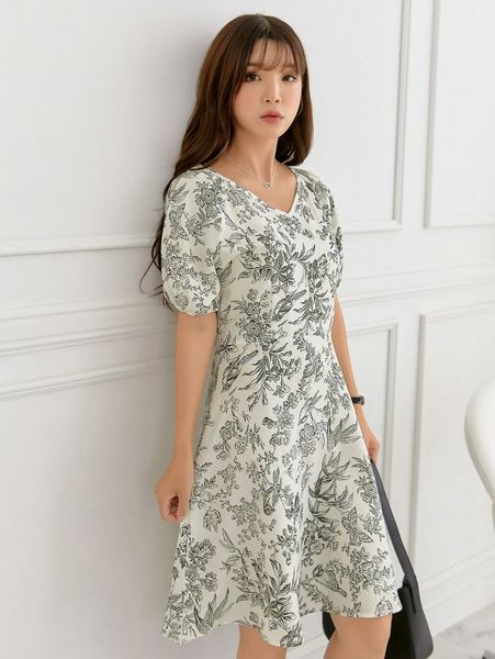 

dazy floral print high waist a-line dress 15su#, Black;gray