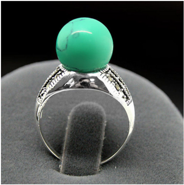 

wholesale rare 8mm green turquoise beads marcasite silver ring size 6-9