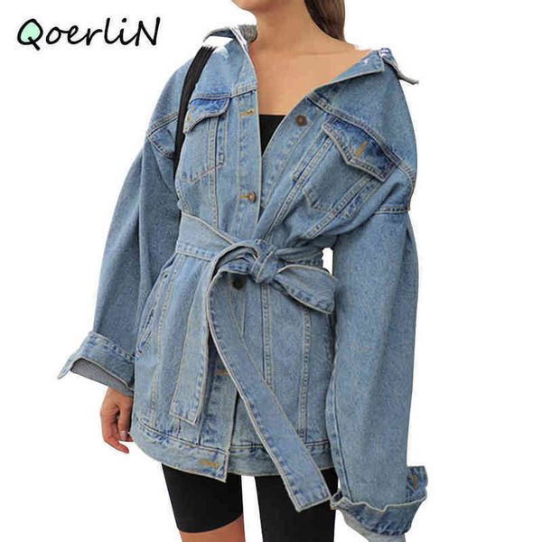 

qoerlin fashion singlebreast oversized jeans jacket coat women autumn&winter denim jacket belt lapel loose bandage outwear 210412, Black;brown