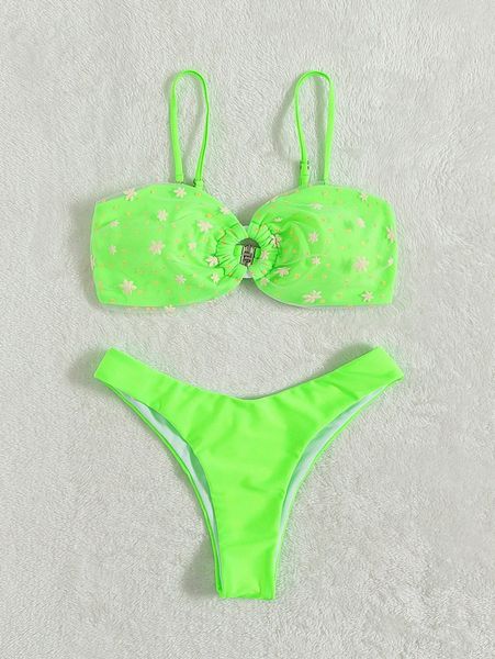 

floral embroidery ring linked bikini swimsuit n65l#, White;black