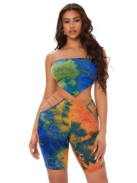 

sxy tie dye print asymmetrical hem crop tube q9rp#, White