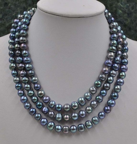 

new beautiful peacock black 7-8mm potato freshwater pearl necklace 45inch, Silver