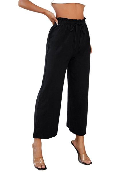 

petite paperbag waist drawstring wide leg pants n3ob#, Black;white