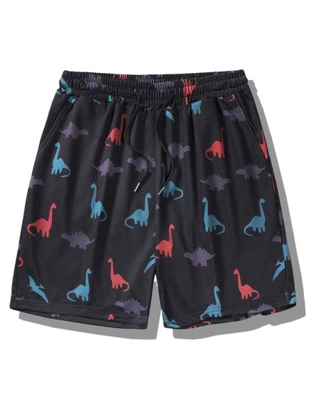 

men dinosaur print drawstring waist shorts 49jt#, White;black