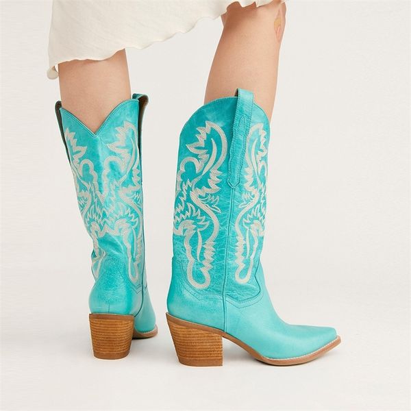 

bonjomarisa female fashion vintage cowboy cowgirls western boots chunky casual solid embroidery slip on autunn retro shoes woman 220720, Black