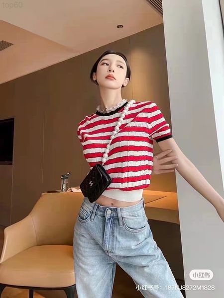

women's knits & tees designer 2022 spring and summer new striped hollow out ice silk short sleeved t-shirt women are thin versatile, ni, White