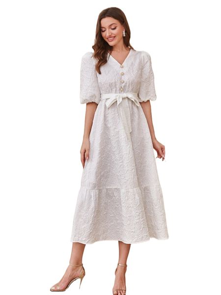 

puff sleeve ruffle hem belted dress n5b8#, Black;gray