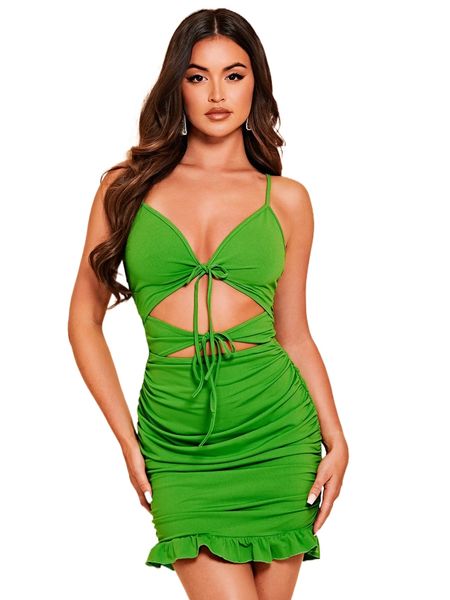 

bae cut out tie front ruffle hem cami dress v1e4#, Black;gray