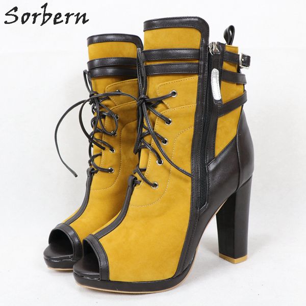 Sorbern Kahve Zencefil Sarı Ayak Bileği Çizmeler Kadın Tıknaz Yüksek Topuklu Unisex Fetiş Patik Açık Toe Lace Up