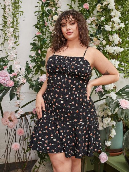 

plus allover floral ruched bust cami dress a2g3#, Black