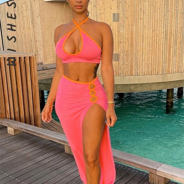 

two piece set women halter cropped camisole +high split hollow out long skirt summer harajuku fairy grunge clothes 220510, White