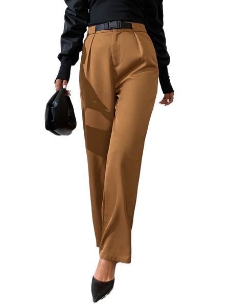 

high waist buckled detail straight leg pants p6dt#, Black;white