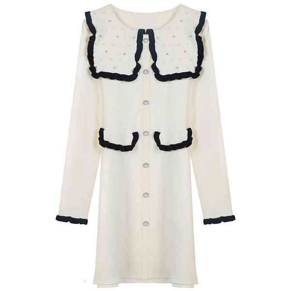 

casual dresses spring 2022 striped fungus edge studded nail bead stitching temperament slim fit doll collar cardigan dress women y8pq, Black;gray
