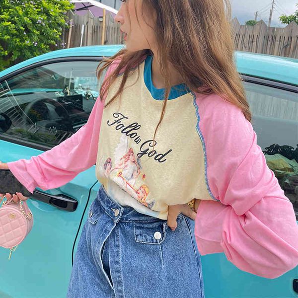 

women's t-shirt south korea dongdamen summer aging lovely little angel color contrast sunscreen shirt with loose t-shirt at the bottom, White