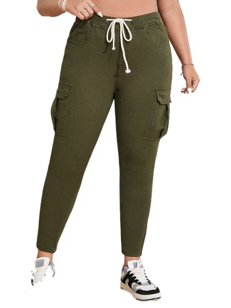 

plus flap pocket side drawstring waist jeans z7o9#, Blue