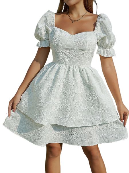 

sweetheart neck puff sleeve layered hem dress 80o9#, Black;gray