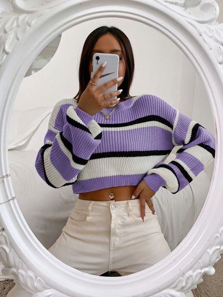 

color block drop shoulder sweater v9r3#, White;black