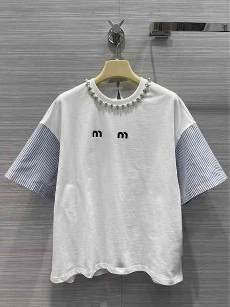 

spring and summer new heavy industry rhinestone pearl collar letter printing sky blue long sleeve t-shirt, White