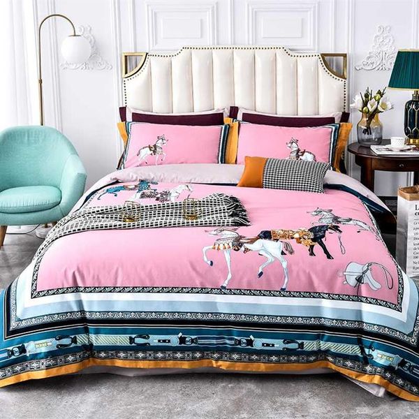 

2020 luxury 100s egypt cotton horses bedding set digital printed edge duvet cover bed sheet pillowcases  king size 4pcs293h
