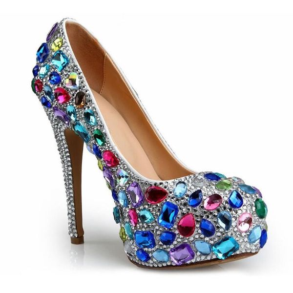 Rosa blaue Diamant-Hochzeitsschuhe, luxuriöse Verlobungsfeier, High Heels, Brautschuhe, Super-High-Heel-Abschlussball-Pumps 210225