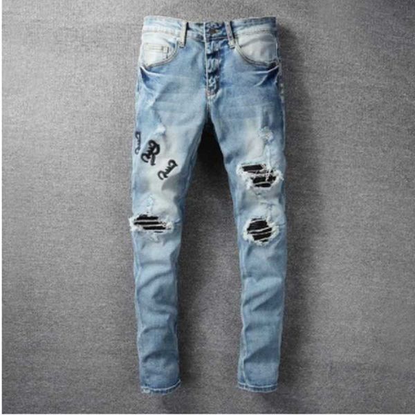 

embroidery letter biker jean streetwear slim skinny stretch denim motorcycle pant hole stitching zipper leather patchwork, Blue