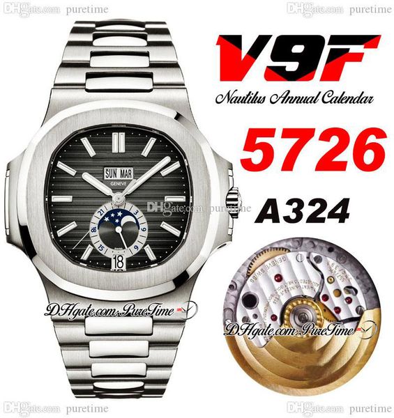 

v9f 5726 annual calendar a324 automatic mens watch gray grey textured dial moon phase stainless steel bracelet super edition puretime ptpp c, Slivery;brown