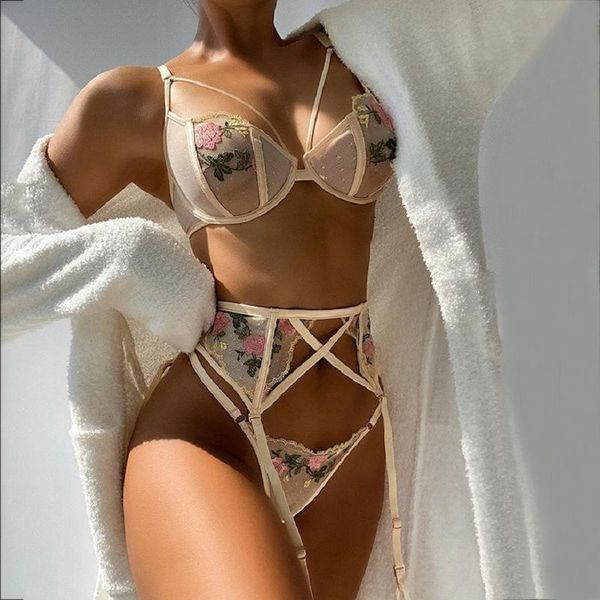 Damen Bademode Unterwäsche China Hersteller Frauen Rosa Durchsichtig Sexy Dessous Stickerei BH Und Höschen Strumpfband 3 Stück SetsDamen