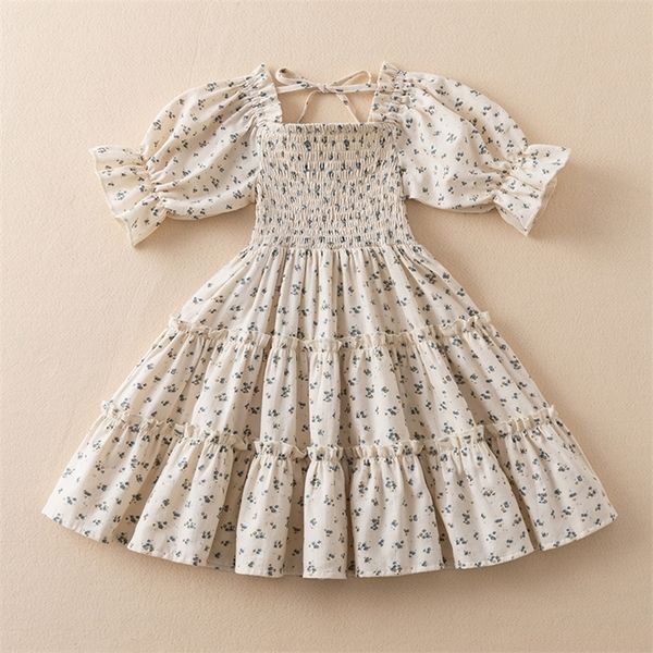 

short sleeve dress for girl polka dot kids floral evening party dresses children clothing girls birthday smocked vestidos 3-8t 220426, Red;yellow