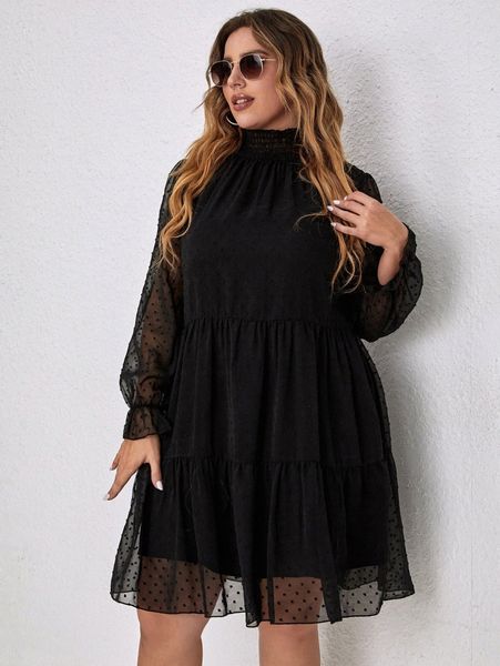 

plus swiss dot flounce sleeve ruffle hem chiffon dress a6tp#, Black
