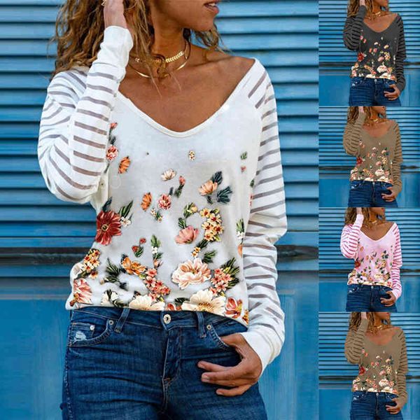 

women's t-shirt winter fashion flower print long sleeve v-neck t-shirt lxvl, White