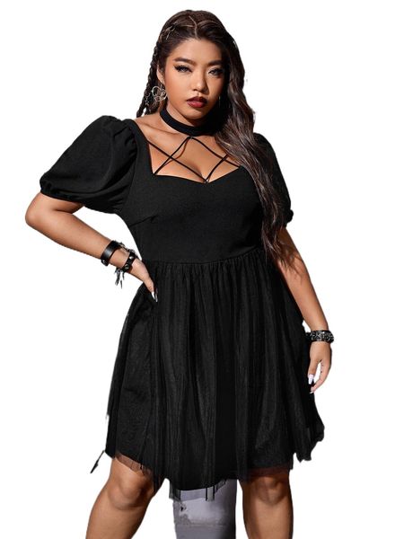 

plus cut out crisscross mesh overlay dress l7mt#, Black
