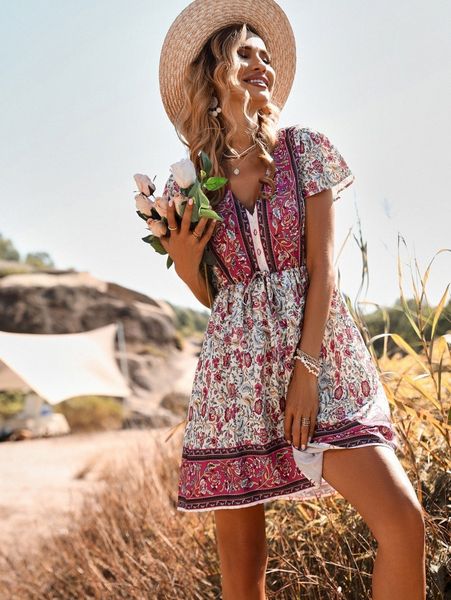 

floral print butterfly sleeve knot front dress r6ev#, Black;gray