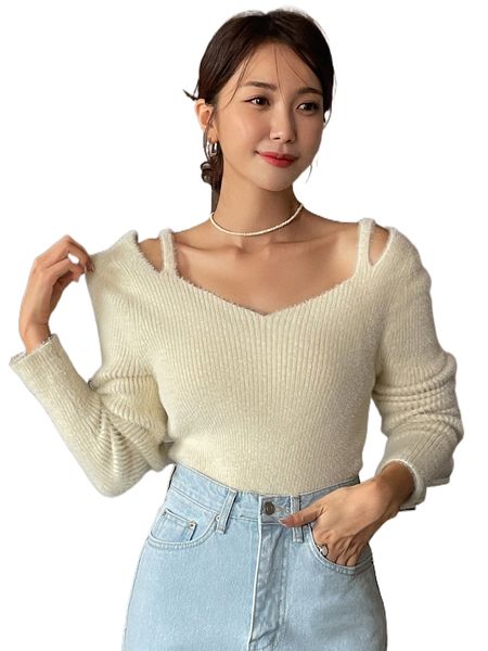 

dazy cut out ribbed knit fuzzy sweater x2zq#, White;black