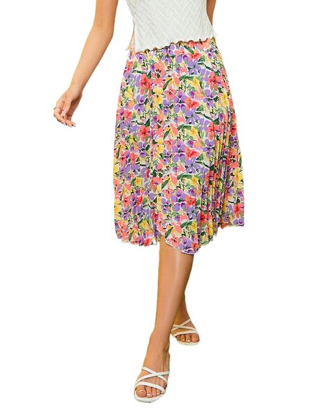 

allover floral print pleated skirt u0s5#, Black