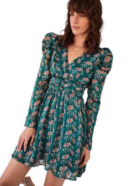 

allover floral print surplice neck gigot sleeve dress j83i#, Black;gray
