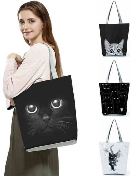 Yüksek kapasiteli hayvan tasarım çantaları kadın çanta kara kedi baskı alışverişi çanta ofis yeniden kullanılabilir rahat omuz çantaları damlası 220608