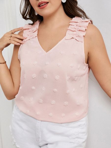 

plus swiss dot ruffle trim sleeveless blouse l0ip#, Black