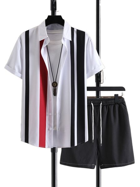 

men color-block shirt & drawstring waist shorts without tee p7ct#, Gray