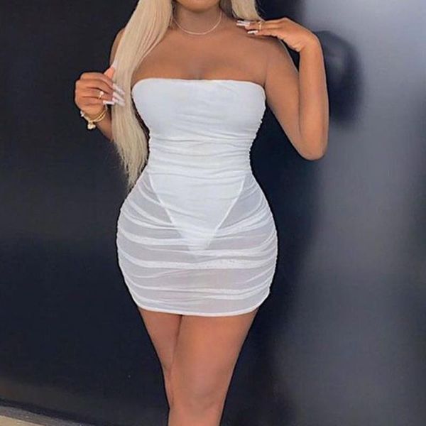 

casual dresses 2022 ladies party sleeveless strapless bodycon mini dress women black transparent mesh backless pencil, Black;gray