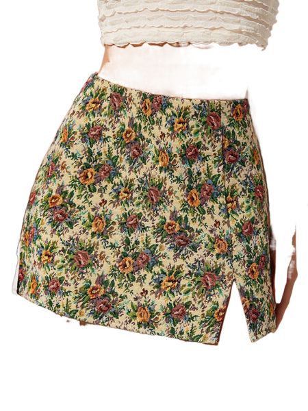 

allover floral print slit skirt i2kb#, Black