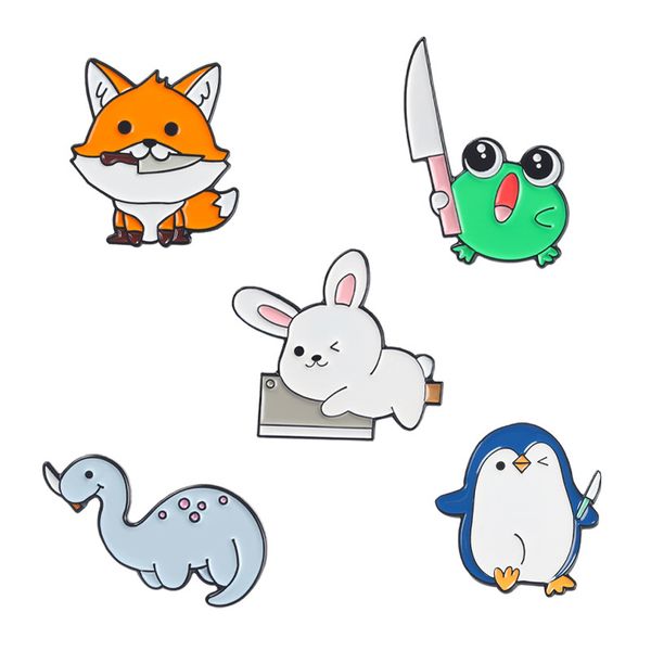 

animal with knife alloy brooch set 5pcs creative cartoon cute rabbit penguin fox frog dinosaur paint badge, Gray