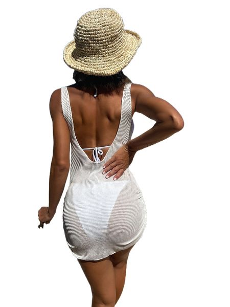 

drawstring side backless cover up dress without bikini s4a7#, White;black